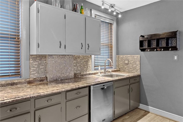 kitchen with decorative backsplash, stainless steel dishwasher, sink, light hardwood / wood-style flooring, and white cabinets