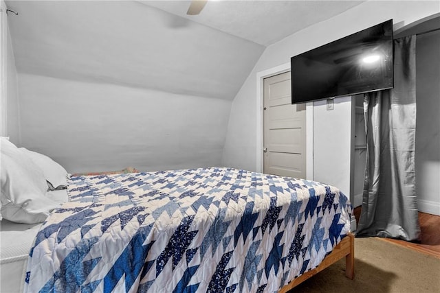 bedroom featuring ceiling fan and vaulted ceiling