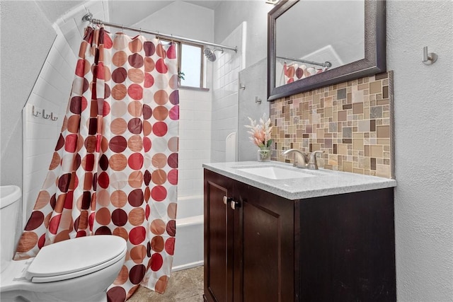 full bathroom with vanity, tasteful backsplash, toilet, and shower / bathtub combination with curtain