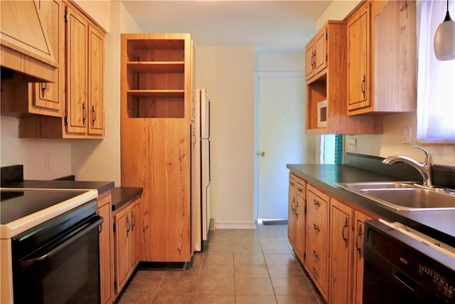 kitchen with tile patterned floors, sink, black appliances, and custom exhaust hood