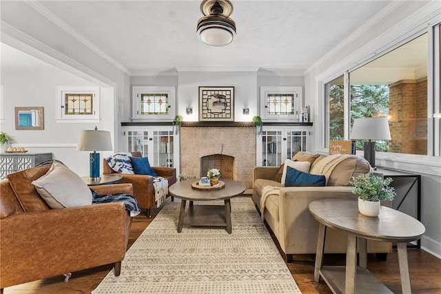 living room with crown molding and wood-type flooring