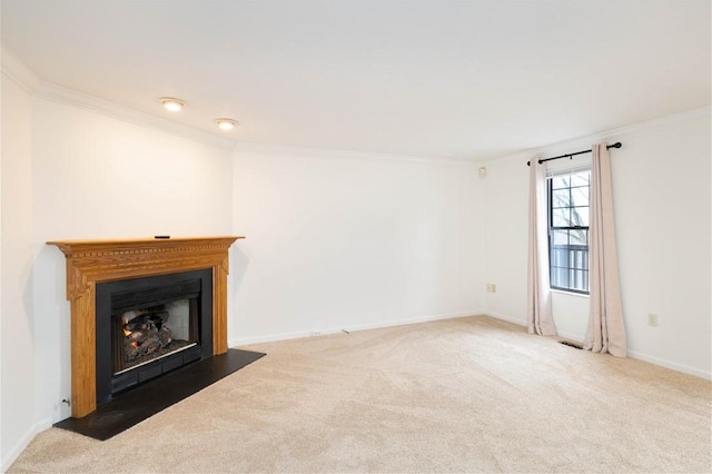 unfurnished living room with dark carpet and ornamental molding