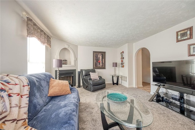 carpeted living room with a textured ceiling