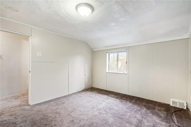 additional living space with a textured ceiling, carpet, and vaulted ceiling