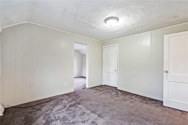 spare room featuring a textured ceiling, wood walls, carpet, and lofted ceiling