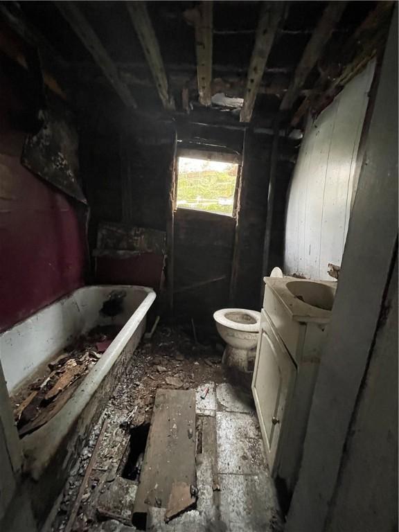 bathroom with vanity, toilet, and a tub