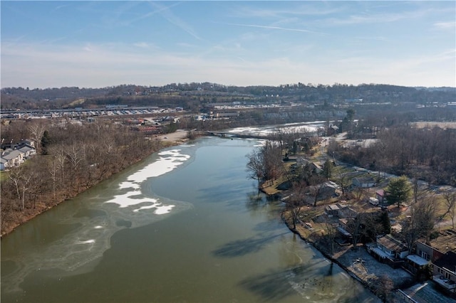 drone / aerial view featuring a water view