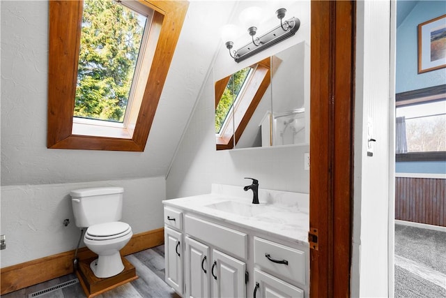 bathroom with vanity, toilet, a wealth of natural light, and vaulted ceiling with skylight