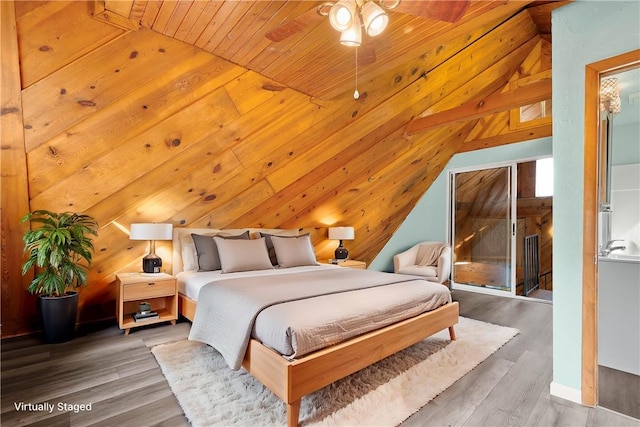 bedroom with hardwood / wood-style floors, vaulted ceiling, ceiling fan, and wooden ceiling