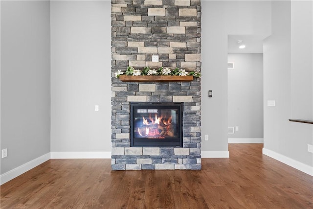 room details with wood-type flooring and a stone fireplace