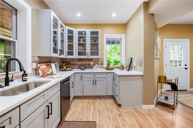 kitchen featuring backsplash, a wealth of natural light, sink, and stainless steel dishwasher