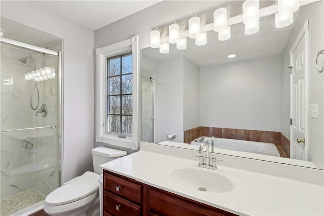 bathroom with toilet, plenty of natural light, vanity, and walk in shower