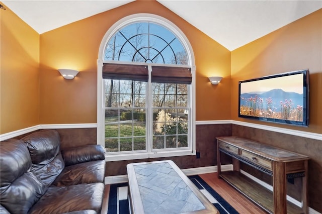 living room featuring vaulted ceiling and hardwood / wood-style flooring