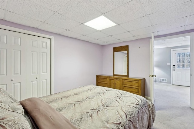 carpeted bedroom with a closet and a drop ceiling