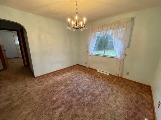 empty room featuring carpet, a baseboard heating unit, and an inviting chandelier