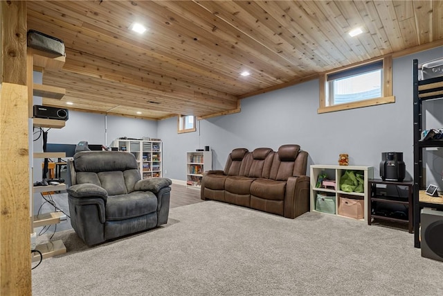 carpeted living room featuring wood ceiling