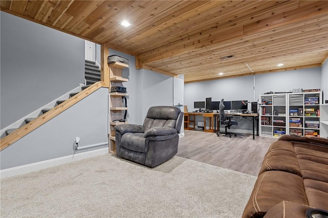 living room featuring carpet flooring and wood ceiling