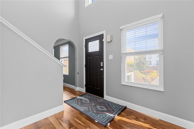 foyer entrance with wood-type flooring and a high ceiling