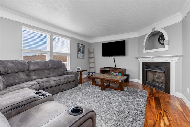 living room with wood-type flooring, a textured ceiling, and ornamental molding