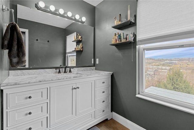 bathroom with hardwood / wood-style floors and vanity