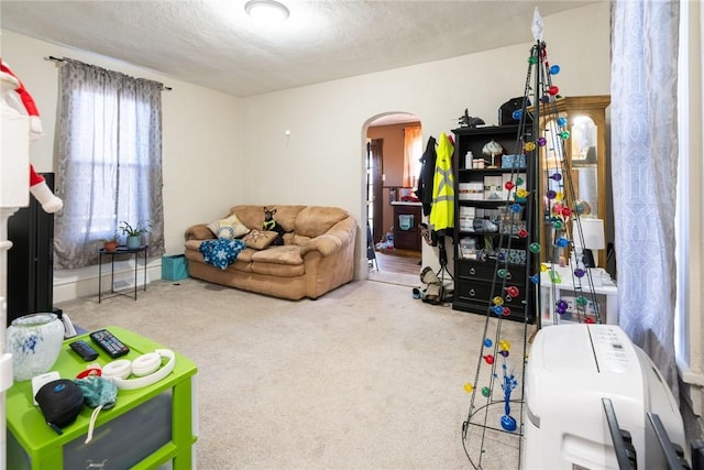 rec room featuring carpet and a textured ceiling