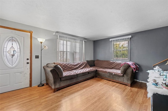 living room with wood-type flooring and a textured ceiling