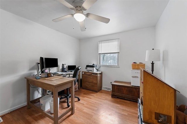 home office with ceiling fan and light hardwood / wood-style flooring