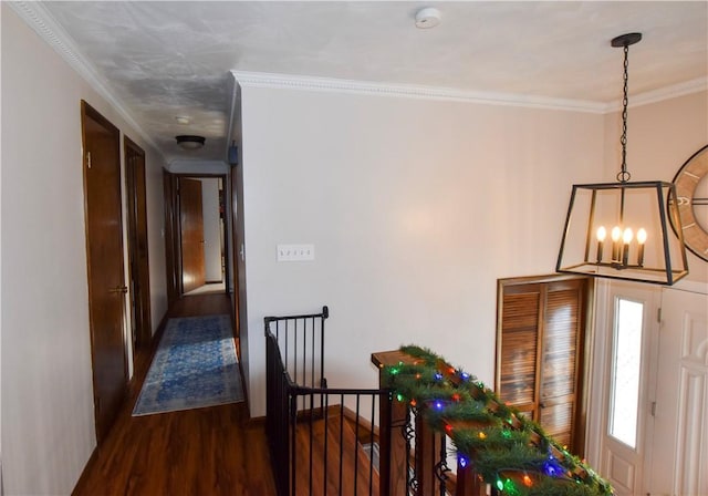 hall featuring a notable chandelier, dark hardwood / wood-style floors, and crown molding