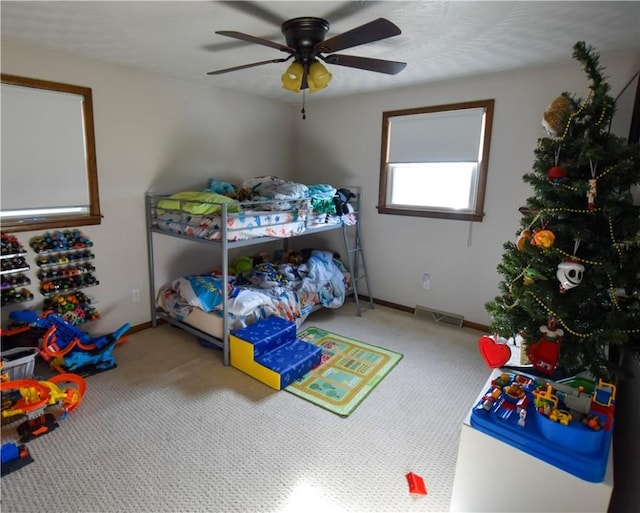 bedroom with carpet flooring and ceiling fan