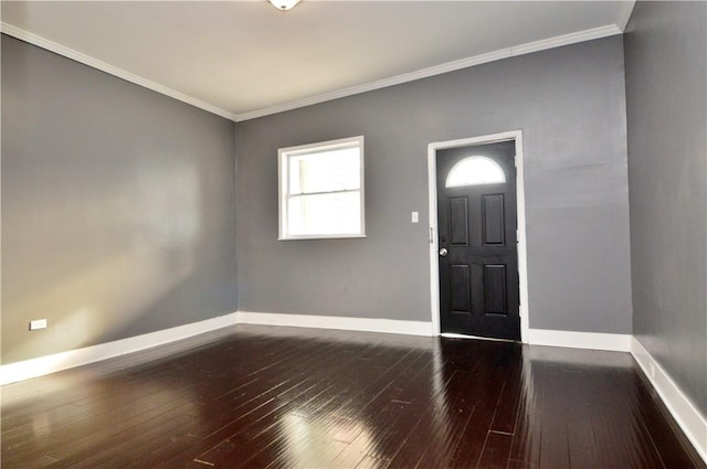 foyer with dark hardwood / wood-style floors and ornamental molding