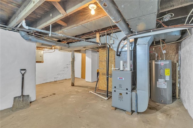 basement with electric water heater, electric panel, and heating unit