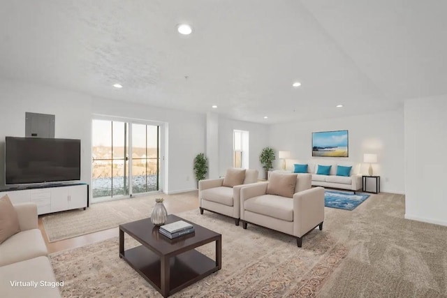 living room with light colored carpet