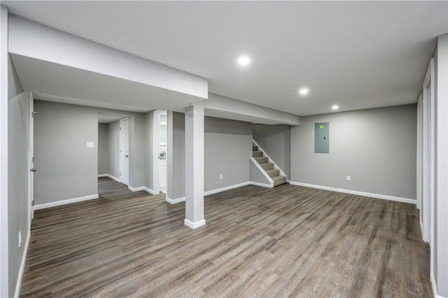 basement featuring dark wood-type flooring and electric panel