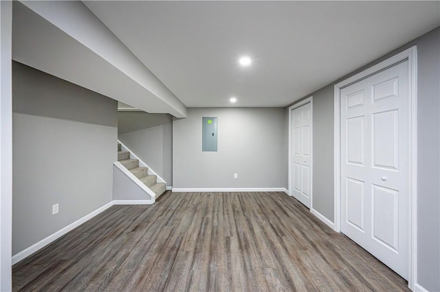 basement featuring dark hardwood / wood-style floors and electric panel