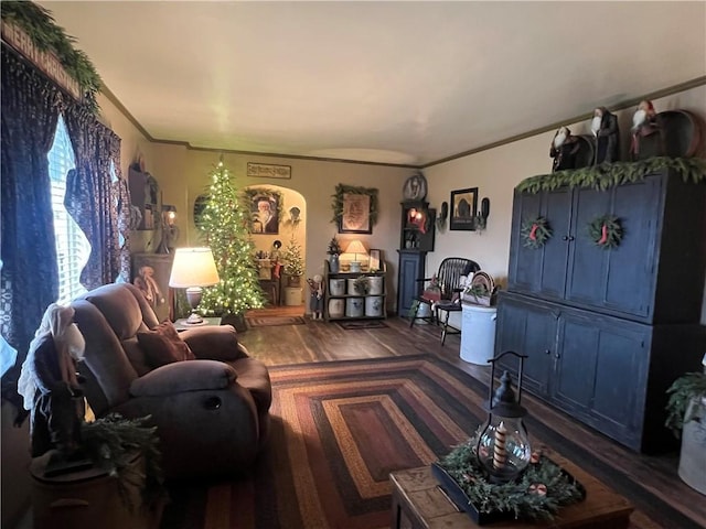 living room featuring dark hardwood / wood-style flooring and ornamental molding