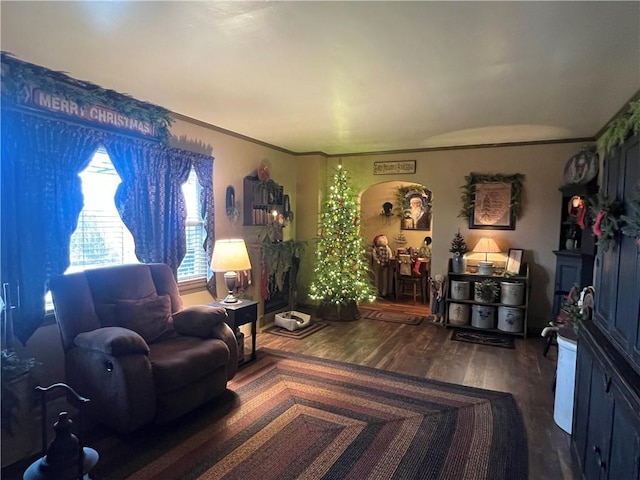 living room with dark hardwood / wood-style flooring and ornamental molding