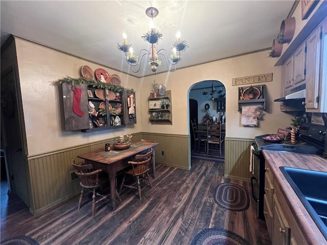 dining area with sink, dark wood-type flooring, and an inviting chandelier