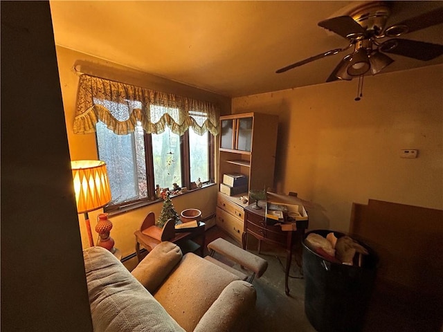 interior space featuring ceiling fan