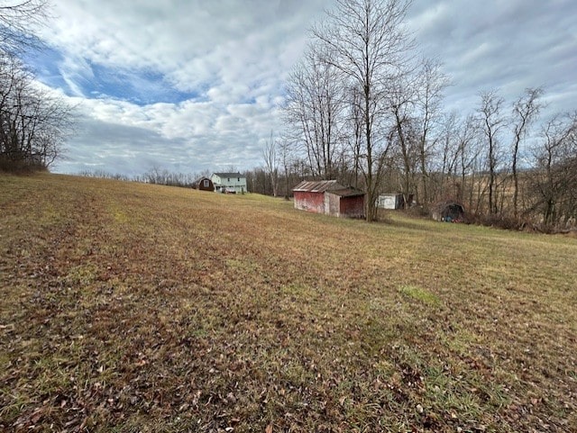 view of yard with a rural view and a storage unit