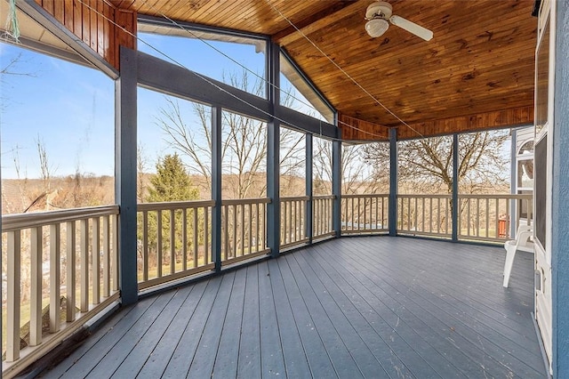 unfurnished sunroom with vaulted ceiling, ceiling fan, and wooden ceiling