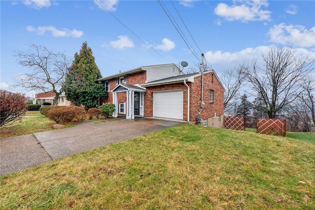 view of front of property with aphalt driveway, brick siding, fence, a garage, and a front lawn