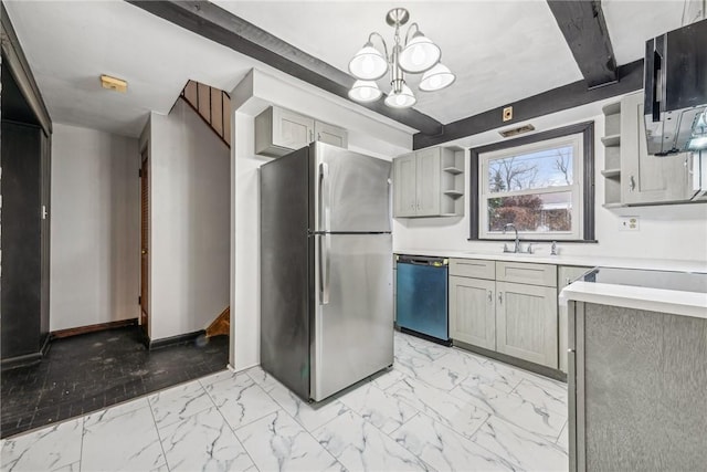 kitchen with sink, beamed ceiling, a chandelier, gray cabinets, and appliances with stainless steel finishes