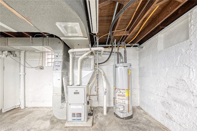 utility room featuring heating unit and gas water heater