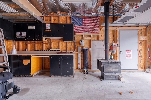 basement with a wood stove