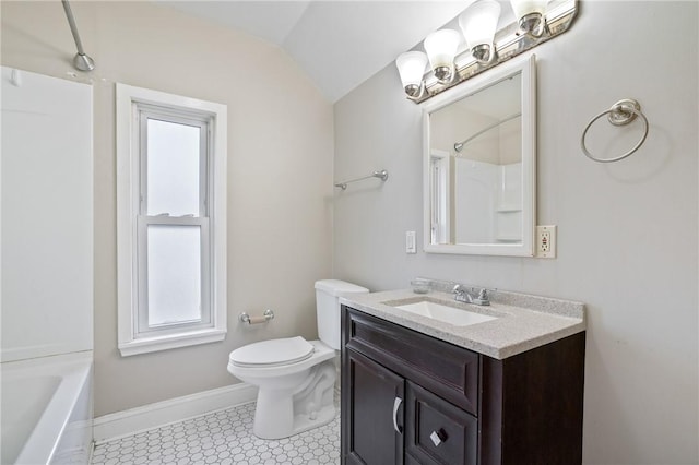 full bathroom with washtub / shower combination, tile patterned flooring, lofted ceiling, toilet, and vanity