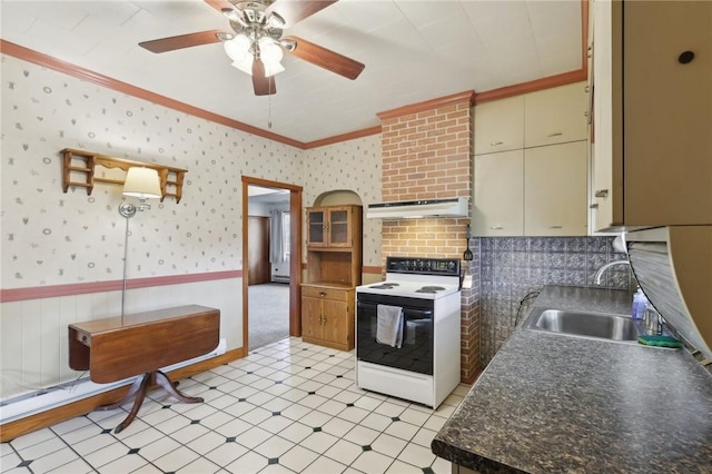 kitchen with ceiling fan, sink, ornamental molding, and white electric stove