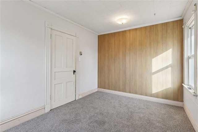 spare room featuring carpet, wood walls, and ornamental molding