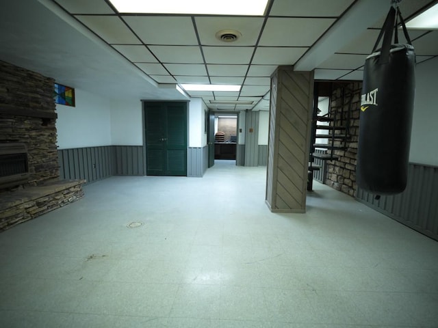 basement featuring a fireplace