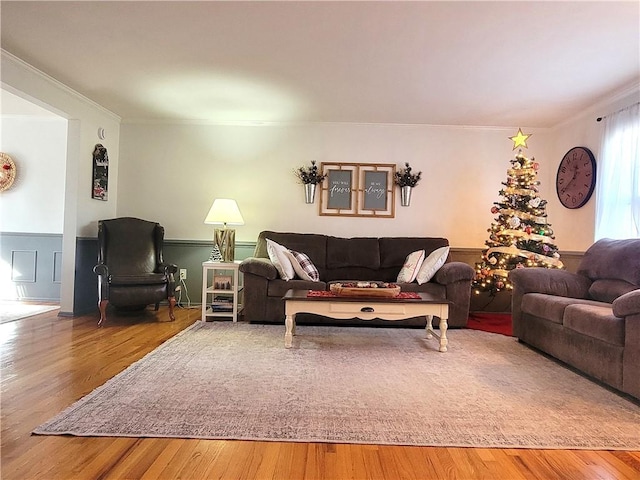 living room with wood-type flooring and ornamental molding