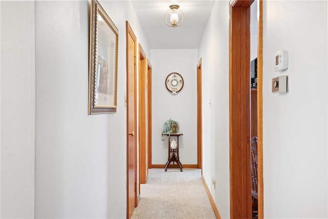 hallway with light colored carpet